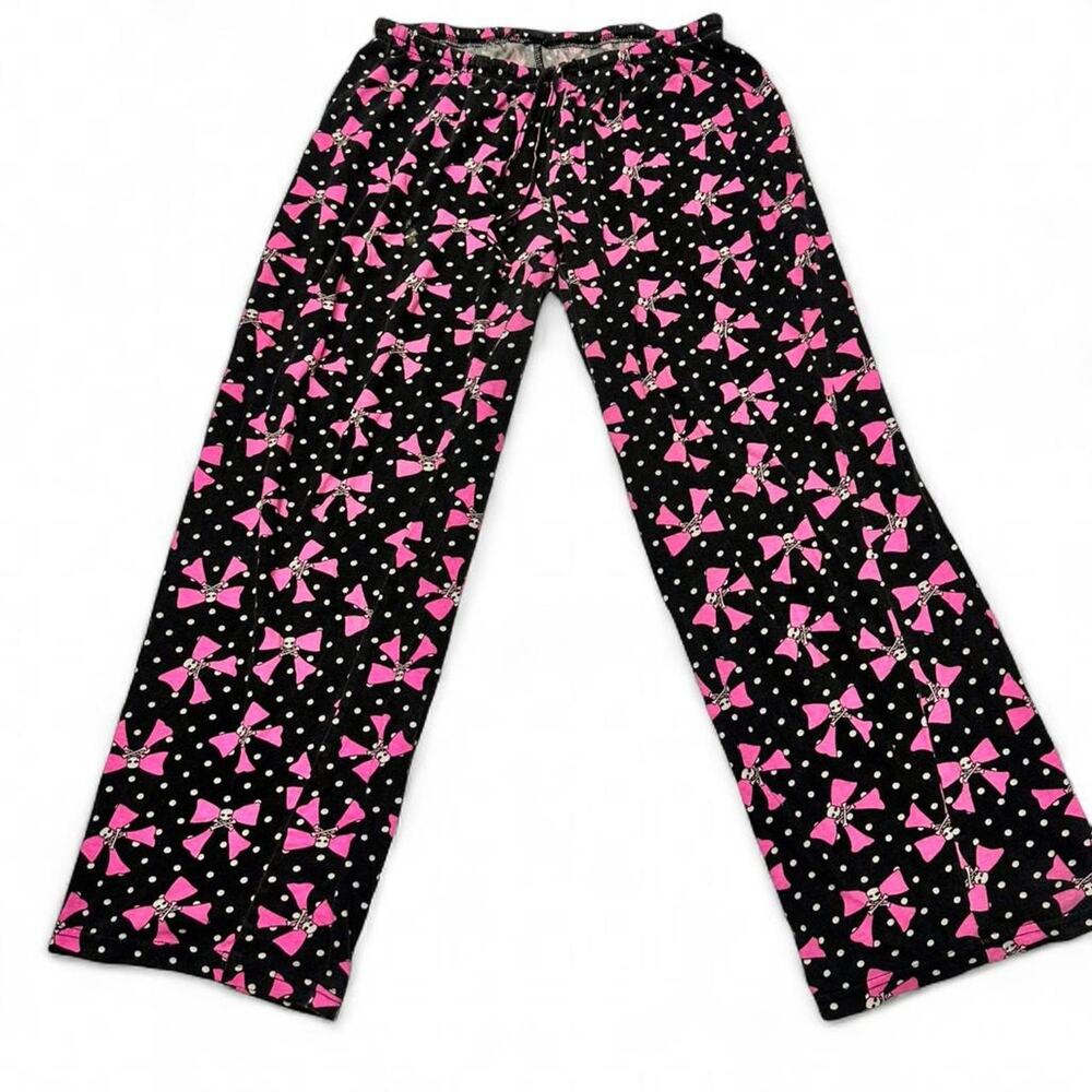 USA Ladies Black & White Polka Dots Skulls on Pink Bows Size Medium 100% Cotton